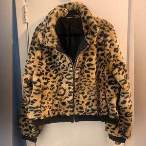 No Boundaries Leopard/Cheetah Print, Faux Fur Cropped Bomber Jacket.